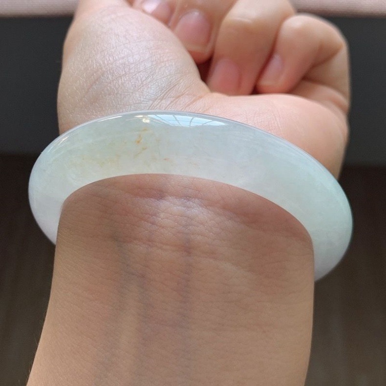 Vòng tay ngọc bích Miến Điện tự nhiên loại băng cao dải dày ánh trăng trắng chi tiết 10