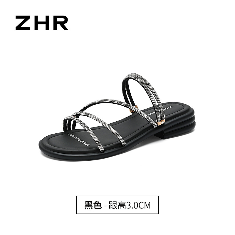 Sandal nữ đế bệt quai mảnh đính đá phong cách Pháp, dáng xăng đan hai kiểu — AY380 Đen