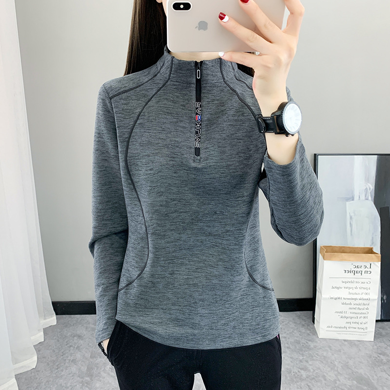 New Warm Long-sleeved Elastic Outdoor fleece-lined T-shirt Sports Double-sided Scrub Fleece Women's Running Base Collar