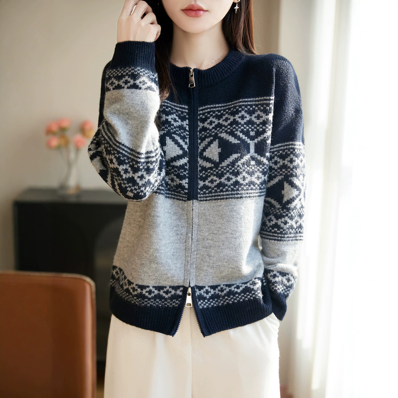 Vintage Jacquard Exquisite Artistic Thick Warm Comfortable Round Neck Simple Versatile Double Zipper Autumn Winter Casual Coat for Women Vintage Jacquard Exquisite Artistic Thick Warm Comfortable Round Neck Simple Versatile Double Zipper Autumn Winter Casual Coat for Women