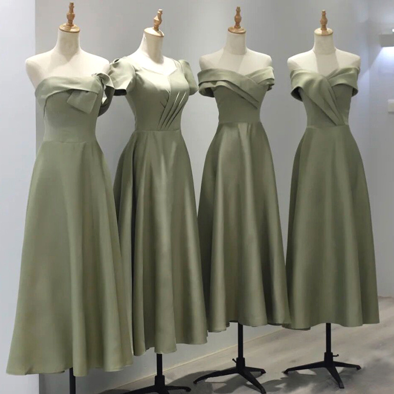 2026 Matcha Green Bridesmaid Dress Women's Satin Long Dress for Best Friends Sisterhood Evening Gown Off-Shoulder Light Luxury