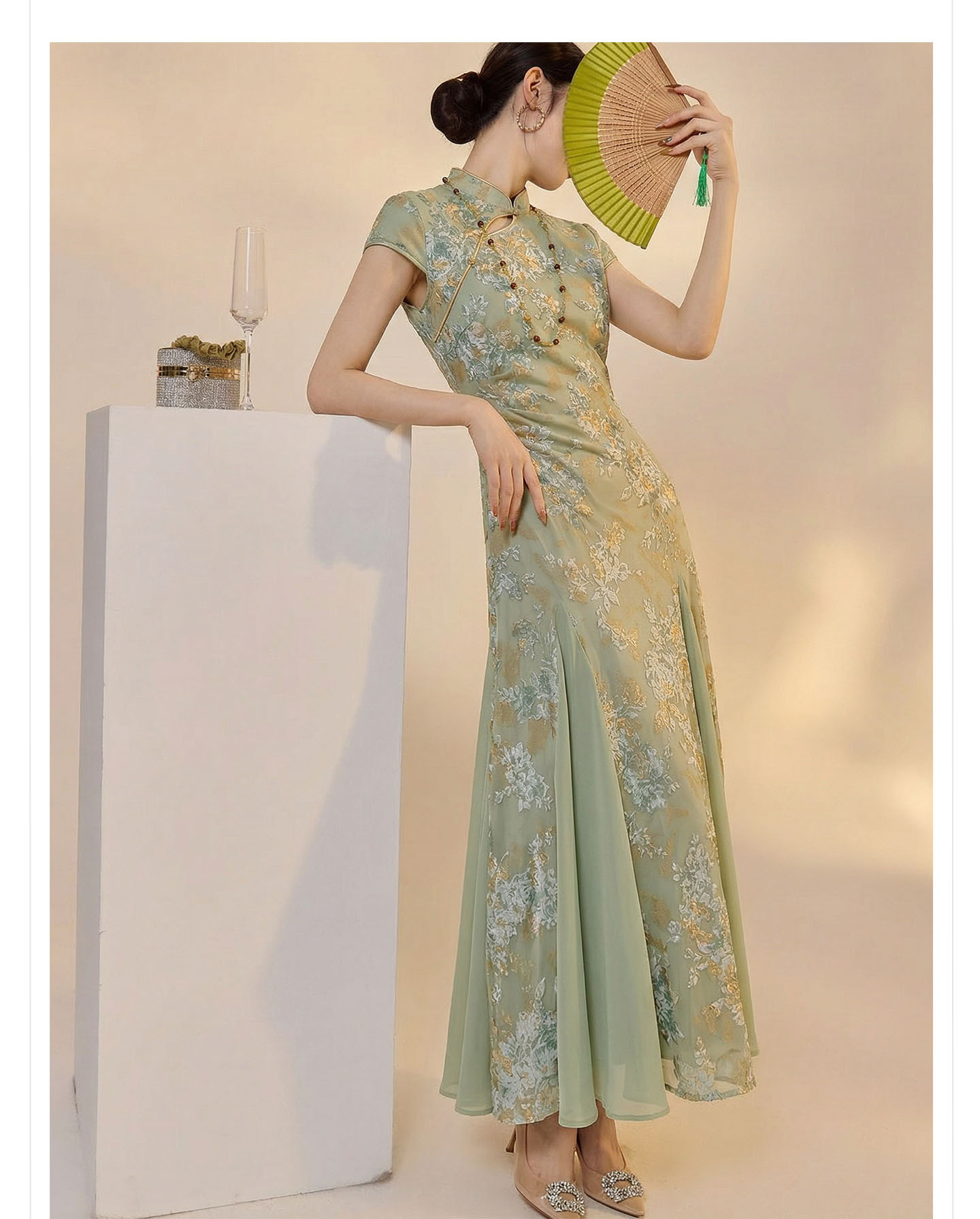 Váy sườn xám cổ đứng họa tiết jacquard chạm rỗng phong cách Tân Trung Hoa mùa hè — Xanh lá cây nhạtcolor chi tiết 13