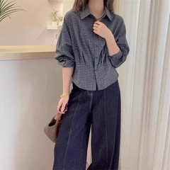 大码胖mm韩系格子长袖衬衫女装早秋2025新款高级收腰显瘦小衫上衣