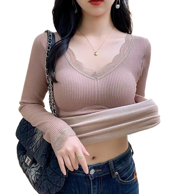 겨울철 여성을 위한 따뜻한 상의, 도톰한 벨벳, 패딩 칼라, 가을 코트, 긴팔 밑단 셔츠, 발열 이너복