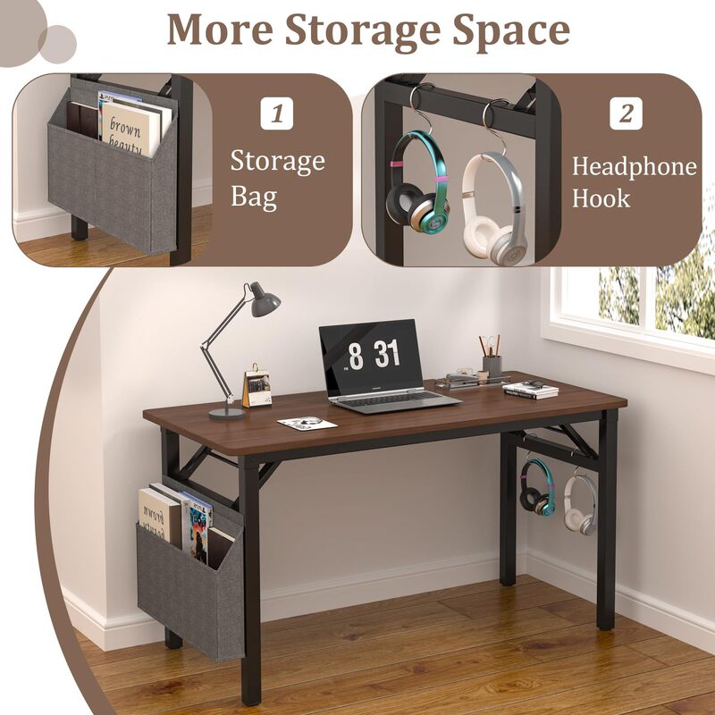 With Storage Space, Portable Folding Table, No Assembly Required (Black) Home Office Desk