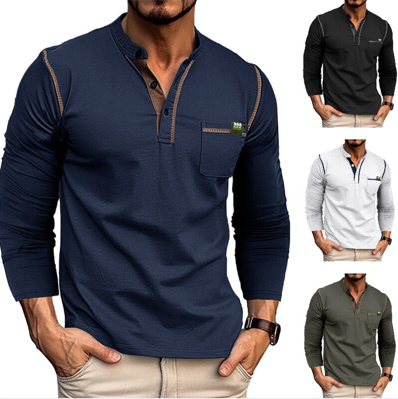 2025 Spring and Summer Cross-Border European and American Men's Long-Sleeved T-Shirt Men's Henry Shirt Amazon Color-Blocked T-Shirt Top