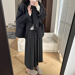 大码胖mm韩系穿搭中长半身裙女春秋新款梨形身材高腰垂感百褶裙子