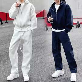 春秋加绒运动休闲连帽套装男加厚情侣纯色外套长裤青年百搭两件套