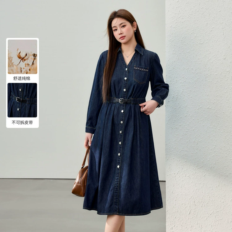 [Ретро гонконгский стиль темперамент хлопковое джинсовое платье] Funny Show большой размер женский толстый mm2025 весенний стиль новый