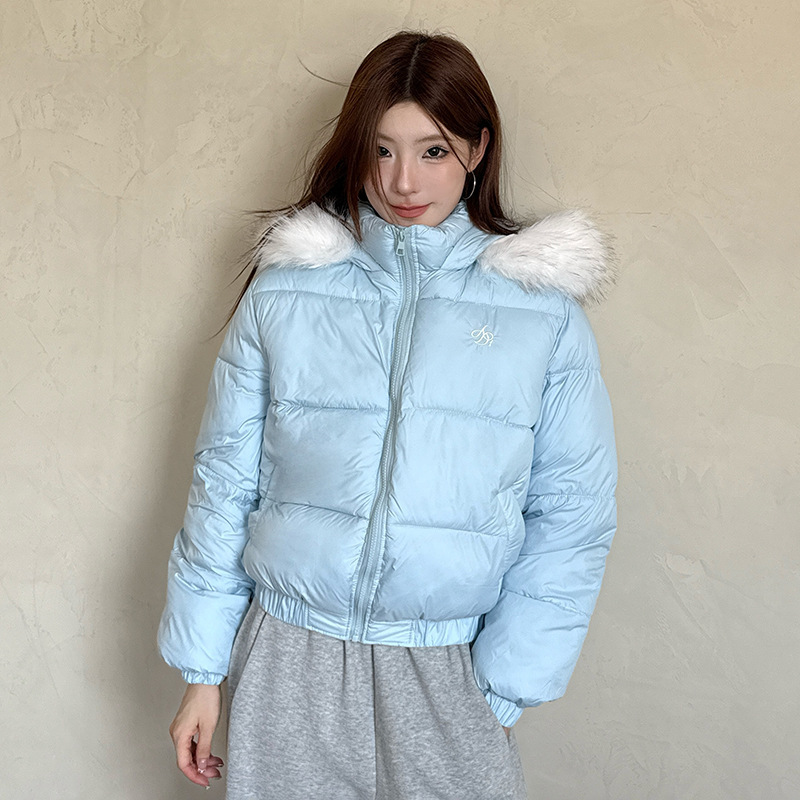2025 invierno nuevo cuello de lana con capuchón de diseño de pluma de moda coreana corta suelta chaqueta de algodón chaqueta image 8