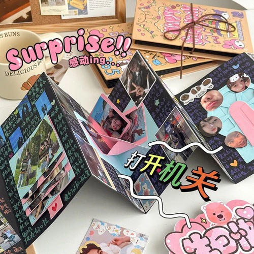 Black Card Photo Album Accordion Book DIY Foldable Book Secret Mechanism 3D Book Couple Commemorative Graduation Season Gift for Men and Women