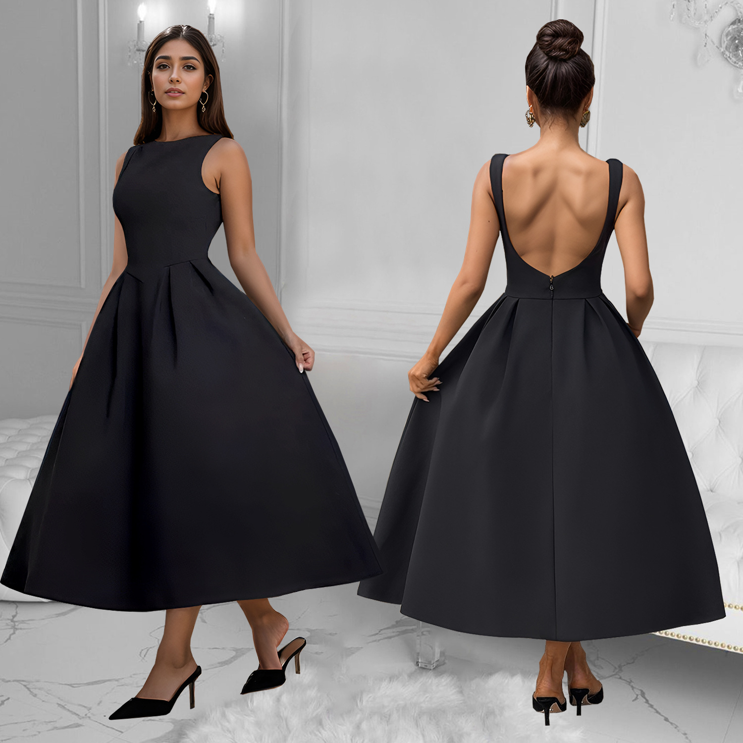 C7145 Aliexpress transfronterizo Amazon Europa y América de moda de mujer retro francés sin mangas vestido largo