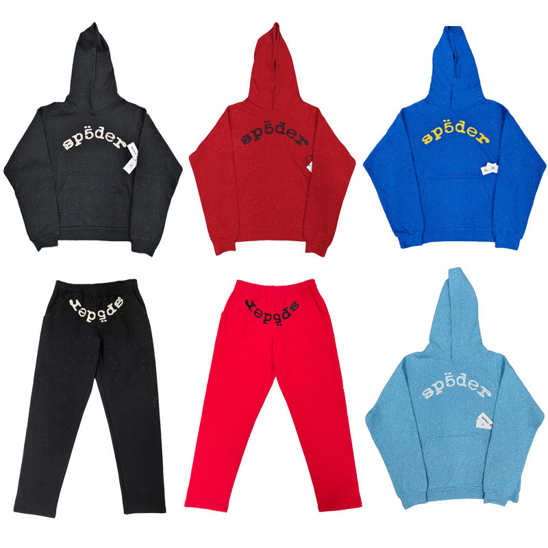 Cross-Border Popular High-Quality Sp5Der Fully Rhinestone-Embellished Hoodie High Street Fashion Brand Sweatpants and Hoodie Set