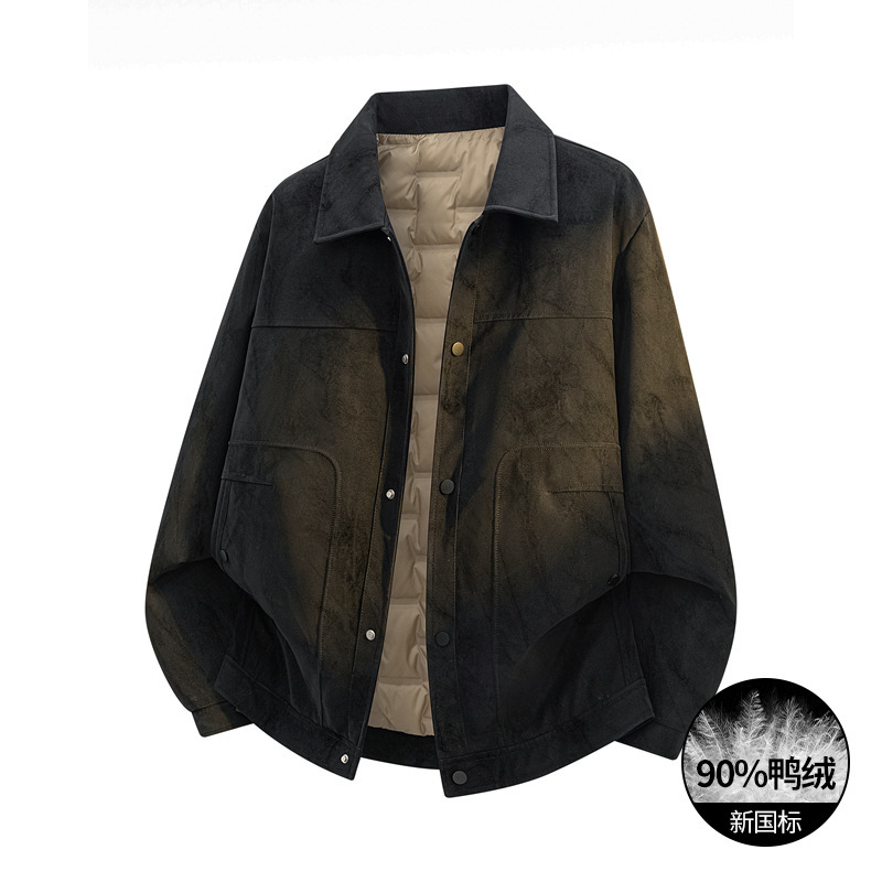 90% white duck down, PU leather, men's winter down jacket, customizable with a logo, loose fit, with a stand-up collar, men's cold-weather outerwear