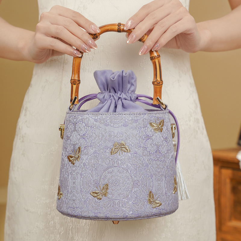 Golden Butterfly Garden Embroidered Handbag - Vintage Qipao Banquet Bag - High-Precision Embroidery Small Bucket Bag - Thumbnail 6