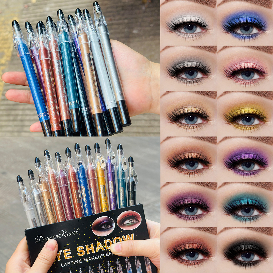 Cross-Border Exclusive Dragonranee Eyeshadow Foaming Pen 12-Color Set with Pen Sharpener Pearlescent Fine Glitter Highlighter Pen