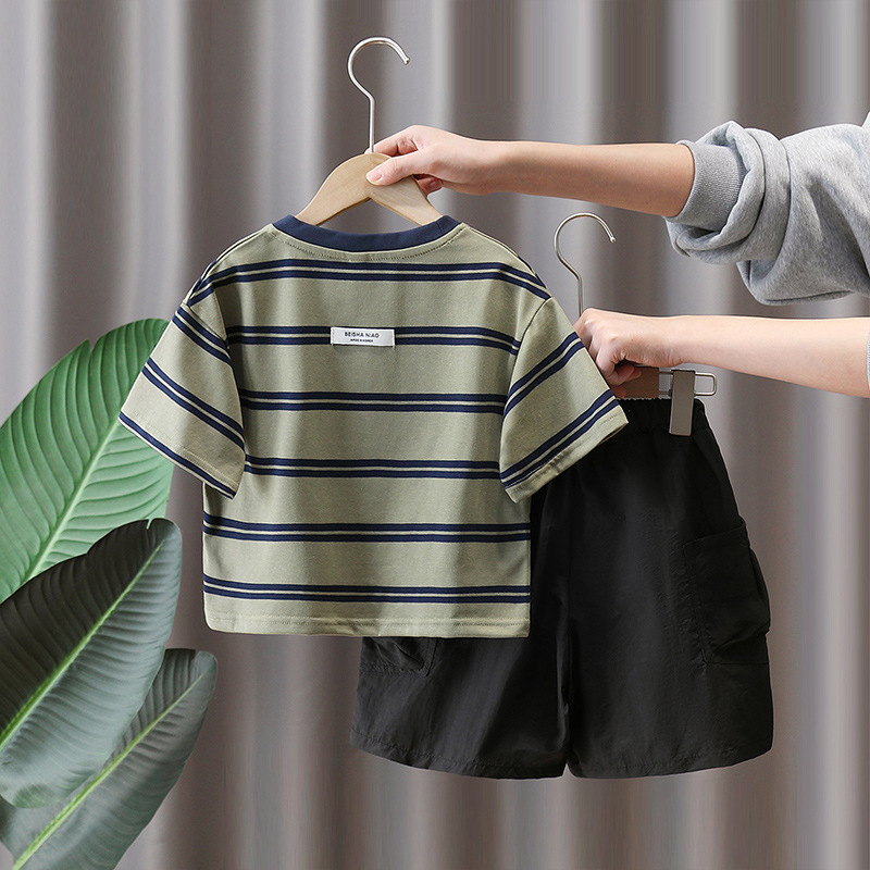 7161 Traje de manga corta a rayas para niños Traje fino de verano para niños 2025 Nuevo vestido de verano para bebés Ropa de dos piezas