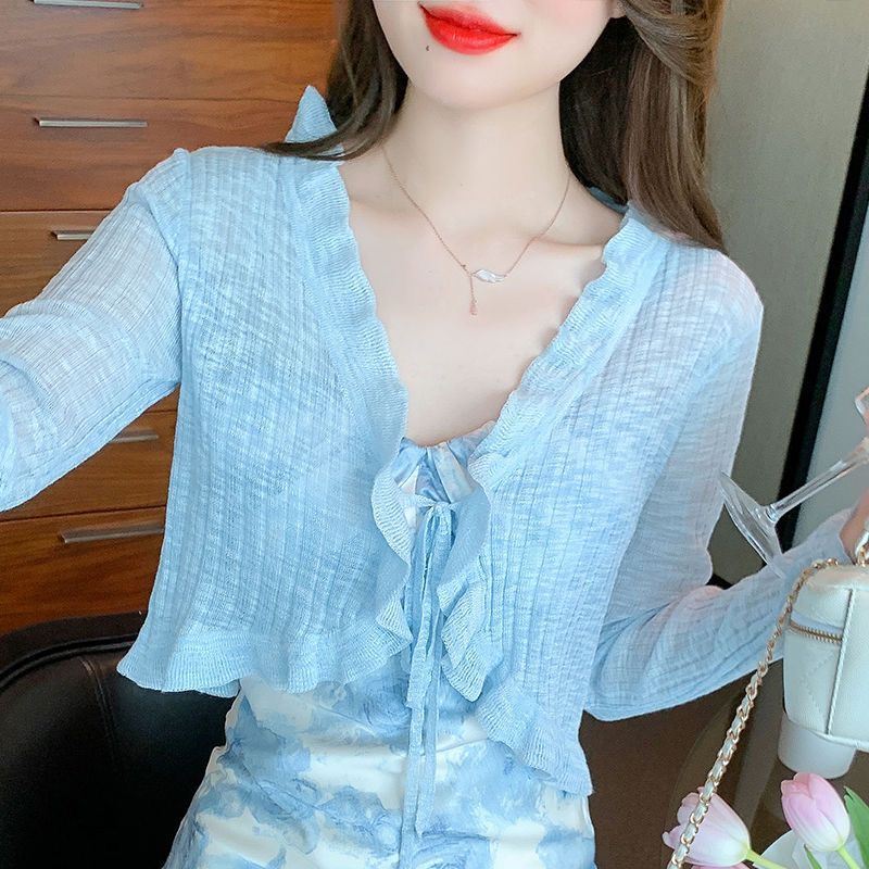 2024 Summer ultra-thin transparent lace-up wooden ear long sleeve air conditioning sun protection shirt knitted cardigan short top
