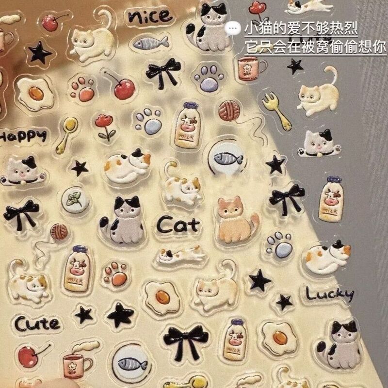 Ins-Style Soft and Cute Kitten and Puppy Embossed 3D Stickers, Japanese-Style Cute Nail Art Stickers, High-Quality Cartoon Waterproof Stickers