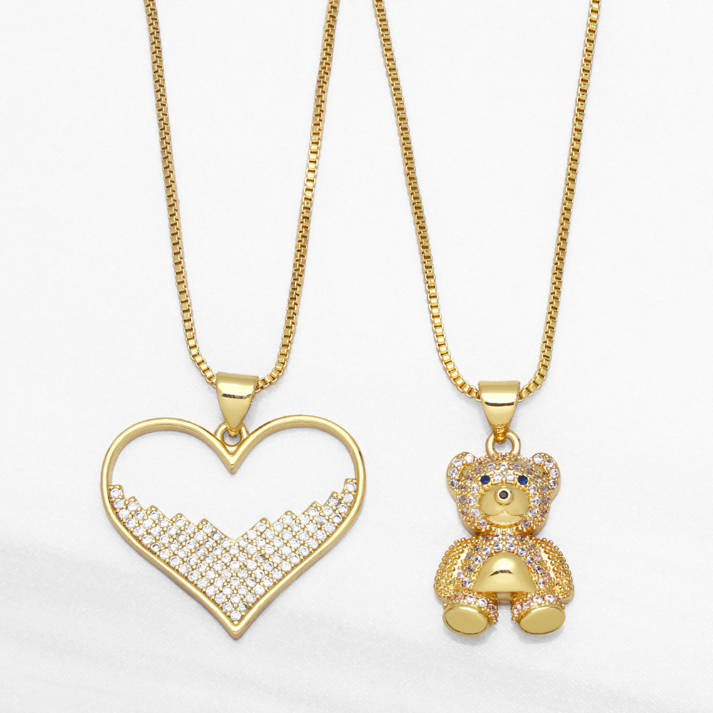 cute animal bear heart shaped inlaid zircon pendant copper necklace wholesalepicture1