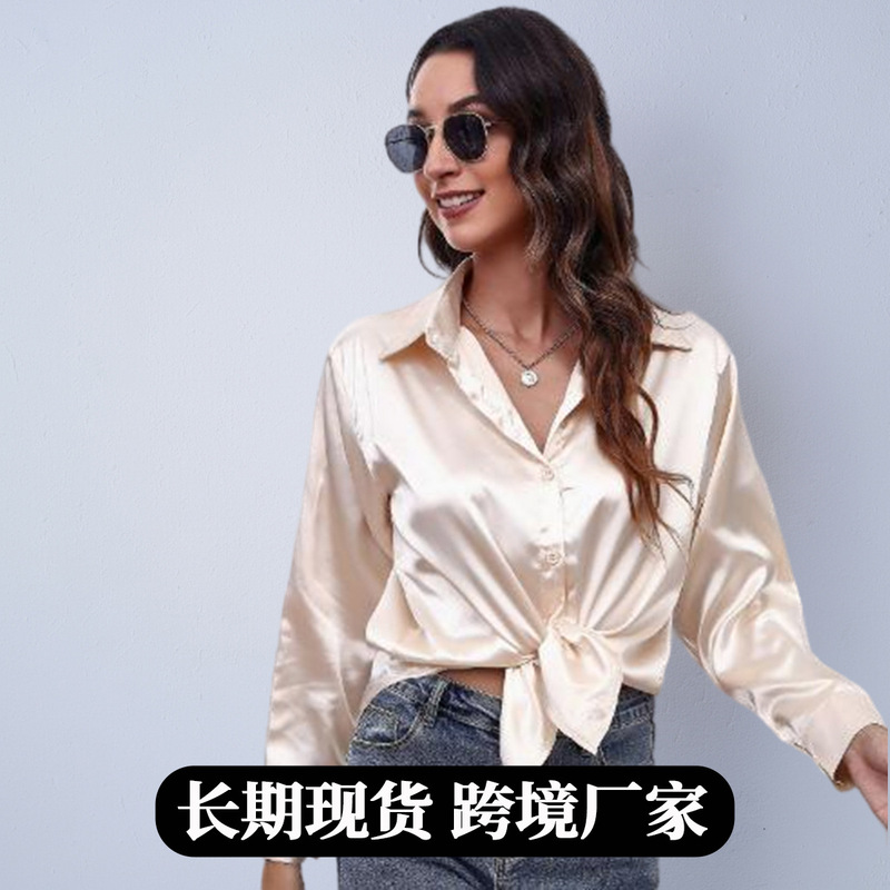 Foreign Trade European and American Aliexpress Women's Clothing Autumn Satin Shirt 2025 Autumn New Satin Long-Sleeved Shirt Wholesale