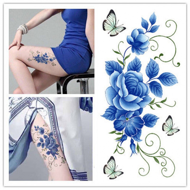 Non-Permanent Waterproof Female Tattoo Stickers to Cover Scars Blue and White Porcelain Butterfly Long-Lasting Sexy Photo Studio Photo Caesarean Section