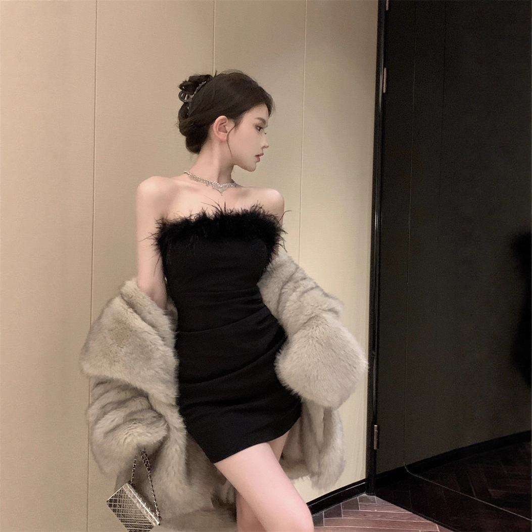 Furry One-Shoulder Tube Top Dress for Women, Autum Celebrity Dress, Black Tight Sexy Hip-Hugging Short Skirt