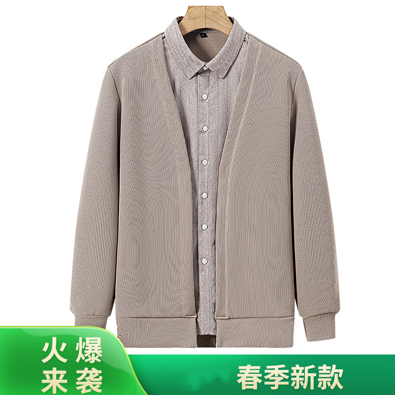 Autumn new men's fake two-piece shirt sweater cardigan casual business sweater sweater coat men's hair generation