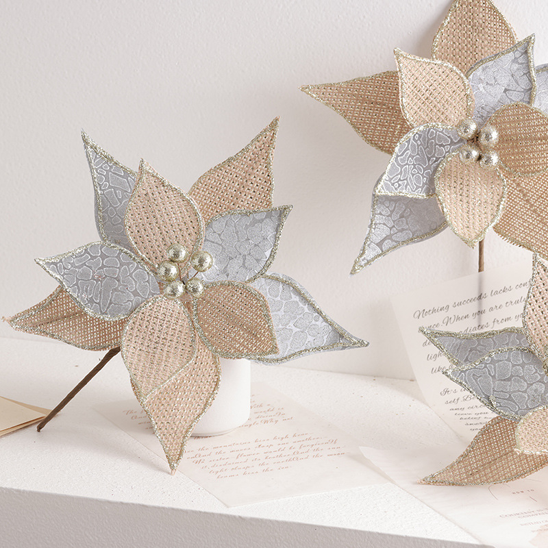 Madera de alta calidad árbol de Navidad flor falsa tela de lino hecha a mano flores de Navidad coronas de flores de boda decoración de caña