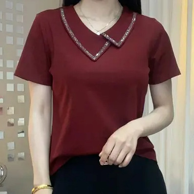 2025 Asymmetrical Collar Pure Color Embroidered Diamond Elegant High-Quality Stylish Fashion Youthful Slimming Short-Sleeve Top