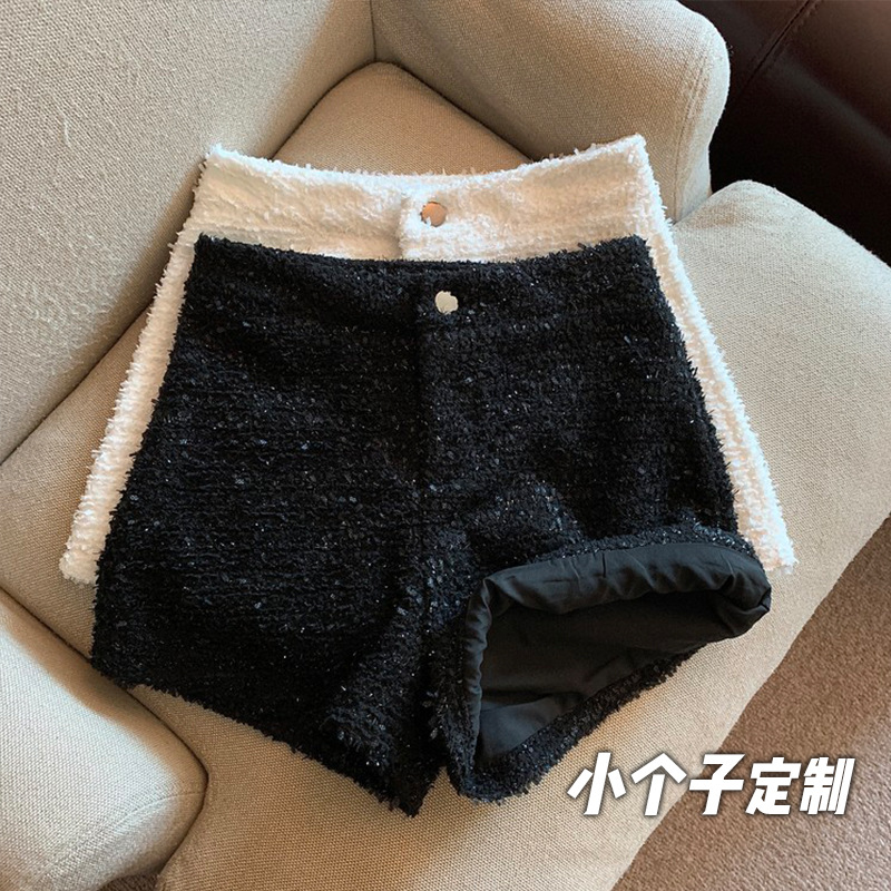 150小矮个子粗花呢短裤女秋冬款高腰a字阔腿xs显高靴裤气质穿搭配