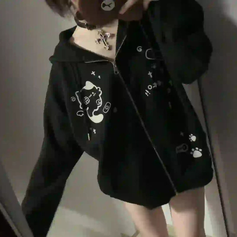 2025 Spring and Autumn New Printed Hooded Sweatshirt Women's Japanese Style Sweet Loose Easiest for Match Zipper Jacket Ins 2025 Spring and Autumn New Printed Hooded Sweatshirt Women's Japanese Style Sweet Loose Easiest for Match Zipper Jacket Ins