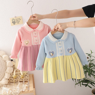 Baoujia Kidsren's Sweater K-Style 2024 Autumn and Winter Girls' Lapel Cartoon Skirt Baby and Kids One Piece Drop Shipping