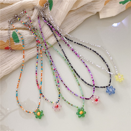 Korean retro color crystal necklace, Korean style INS style candy crystal necklace, cute and sweet flower necklace