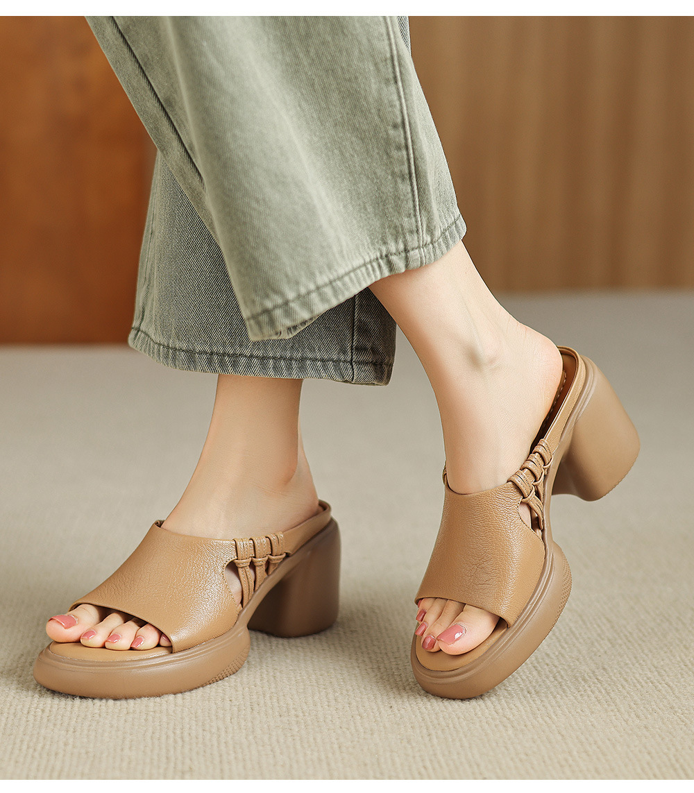 Sandal cao gót nữ da cừu siêu mềm, gót vuông, mũi hở, đế dày, quai ngang đan lưới — màu trắng ngà, màu mơ chi tiết 20