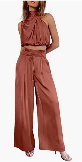 Women's 2-piece Summer Casual Sleeveless Collar Open Navel Top Wide Leg Pants Set_voghion.com
