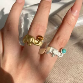 可爱萌趣小象哑光戒指女复古天然石轻奢时尚潮流百搭指环戒子配饰
