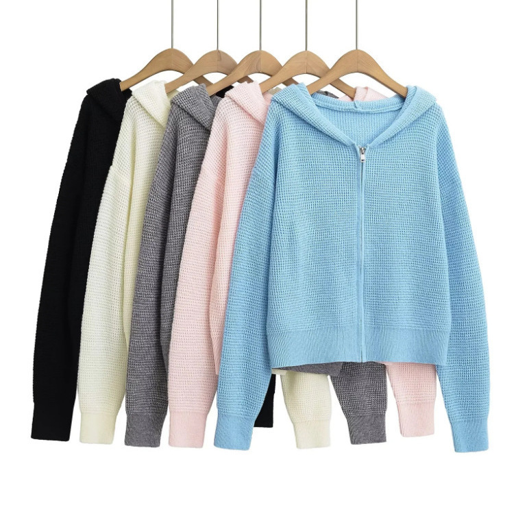 Lazy Style Hottie Loose Waffle Knitted Hooded Zipper Cardigan for Women Early Spring Long-Sleeved Jacket Top