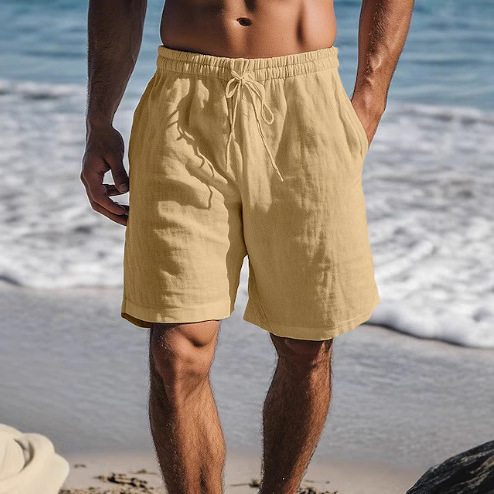 2025跨境新款棉麻短裤抽绳松紧腰纯色透气日常沙滩五分休闲中裤