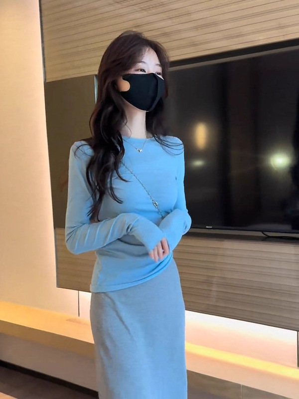 韩系蓝色针织长袖上衣女2025年早秋穿搭小个子修身显瘦内搭打底衫|undefined