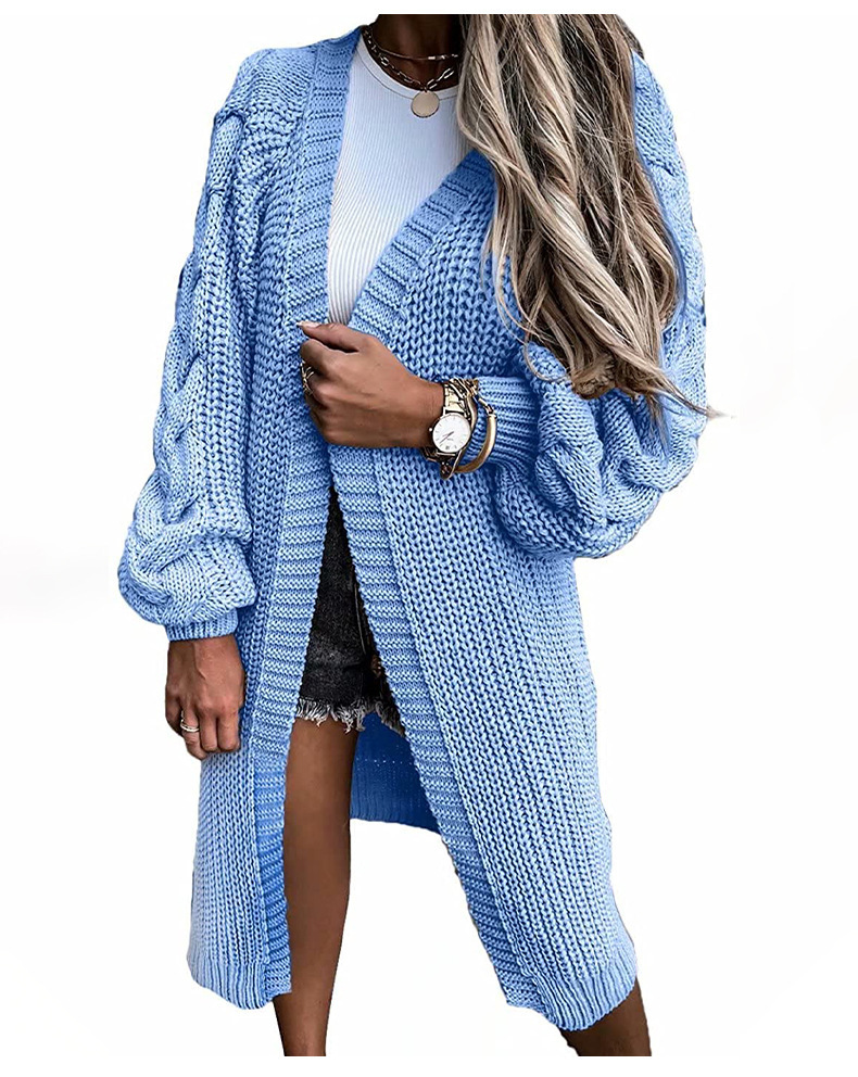 Cardigan torsadé tricoté à manches lanternes mi-longues de couleur unie pour femmes_voghion.com