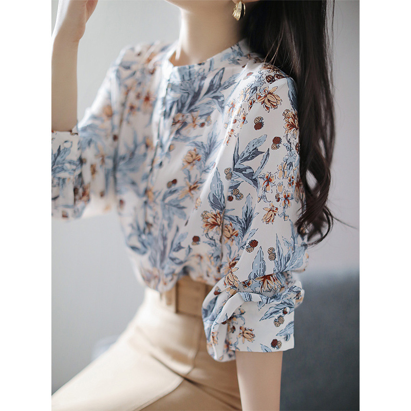 Double Crepe Silk Printed Shirt with Floral Stand Collar, Long Sleeves, Single-Breasted Silk Cardigan Top for Women, New Autumn Style