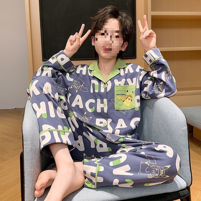 Primavera y otoño 2025 nuevo pijama de niño Cardigan manga larga primavera y otoño juvenil ropa de hogar set de algodón nublado