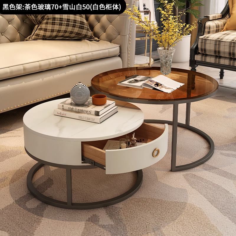 Sala de estar para el hogar, combinación simple de lujo ligero, mesa de roca minimalista, estilo crema, pequeño apartamento, mesa de centro redonda de vidrio italiano