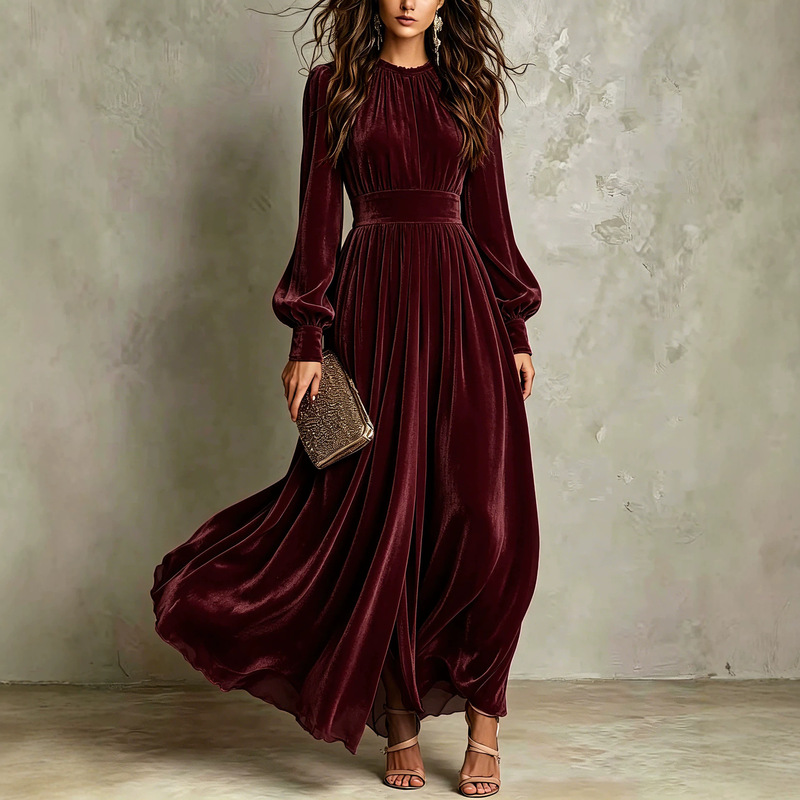Autumn and winter French-style Korean velvet high-waisted lantern sleeve stand-up collar evening dress cross-border women's clothing