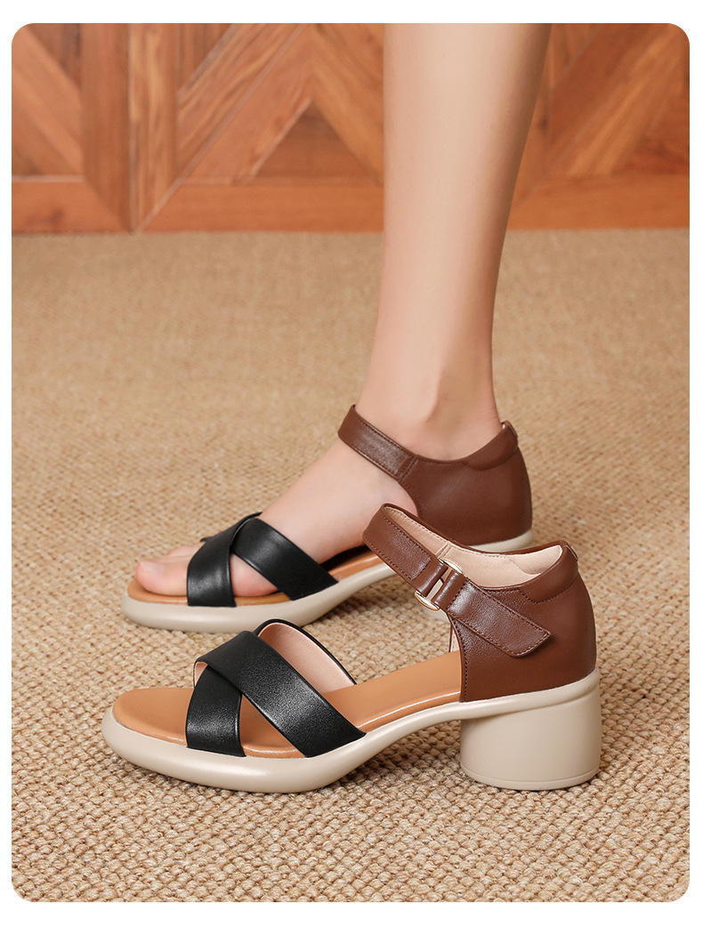 Sandal cao gót nữ hở mũi da bò thật đế dày thoải mái — Da bò lớp đầu màu hạnh chi tiết 20