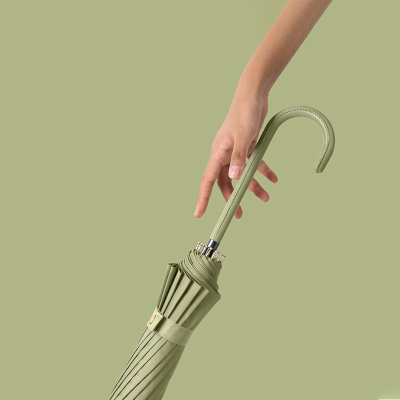 16 Bone Curved Handle Umbrella Solid Color Leather Long Handle Umbrella Small Fresh Wind-Resistant Straight Umbrella Women's Logo Advertising Gift Umbrella