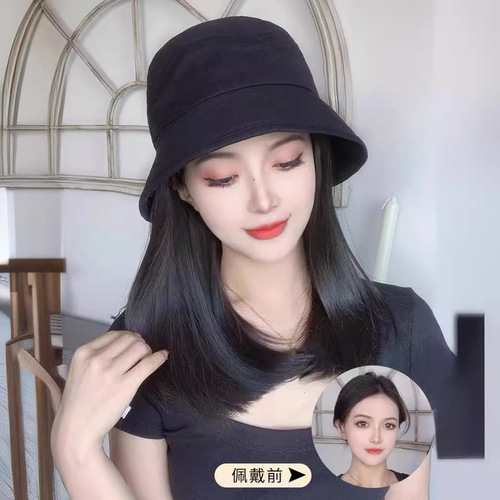 Fisherman Hat Wig Women Summer Fashion One-piece Collarbone Medium Long Hair Fisherman Hat Wig Full Head Cover Imitation Full Real Hair