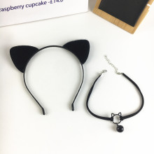 日韩版可爱猫咪铃铛项链发箍套装女卖萌猫耳朵发卡头箍发饰锁骨链