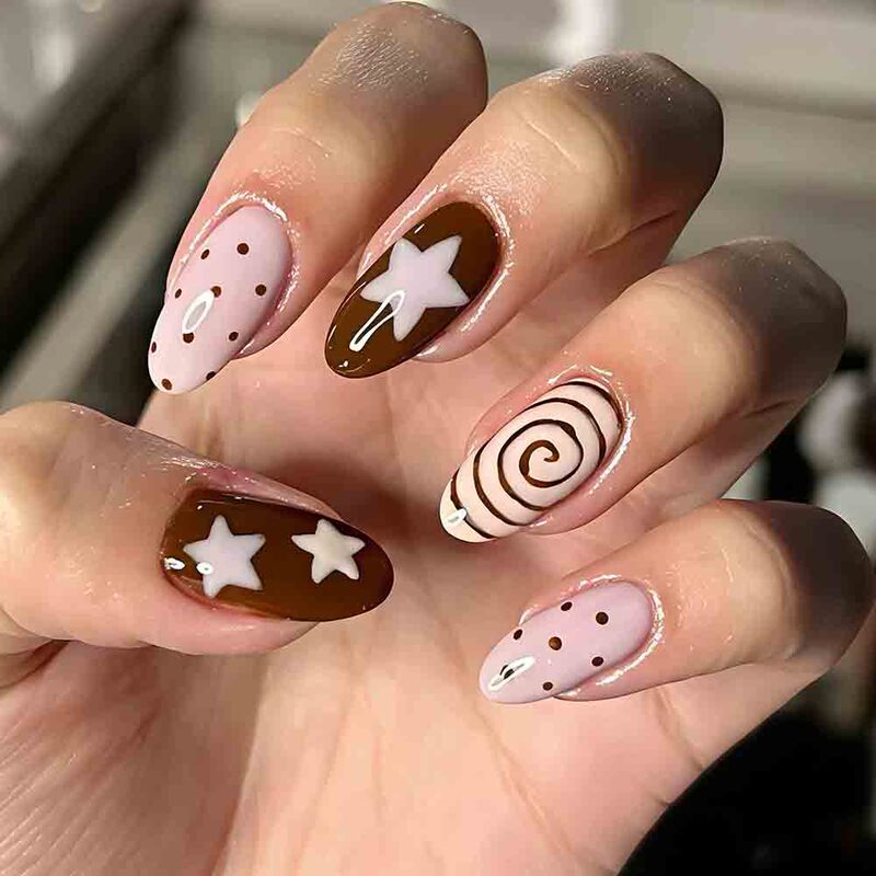 Cross-Border Nail Art with Cute Cake Color Scheme, Pink and Brown Spiral Texture, Polka Dots, Stars, Press-On Fake Nails
